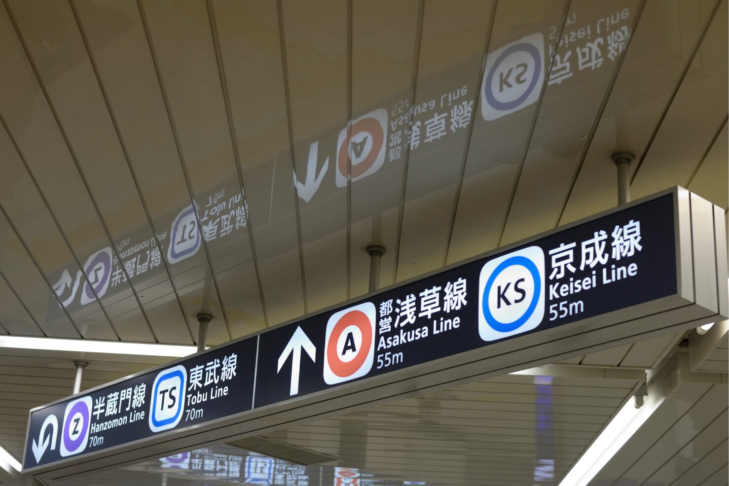 日本車站的轉乘指示牌，並列半藏門線、東武線、都營淺草線與京成線的路線代碼和方向箭頭